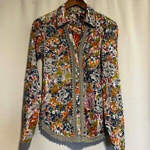 BKE Floral Boho Style Blouse Fitted Lace Trim Size S